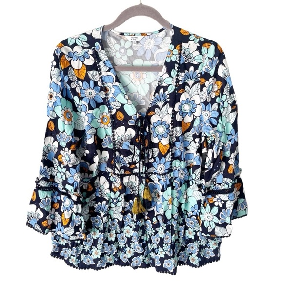 Crown & Ivy Top Women's Large Hippie Floral Tassel Boho Groovy NWT - Picture 1 of 7